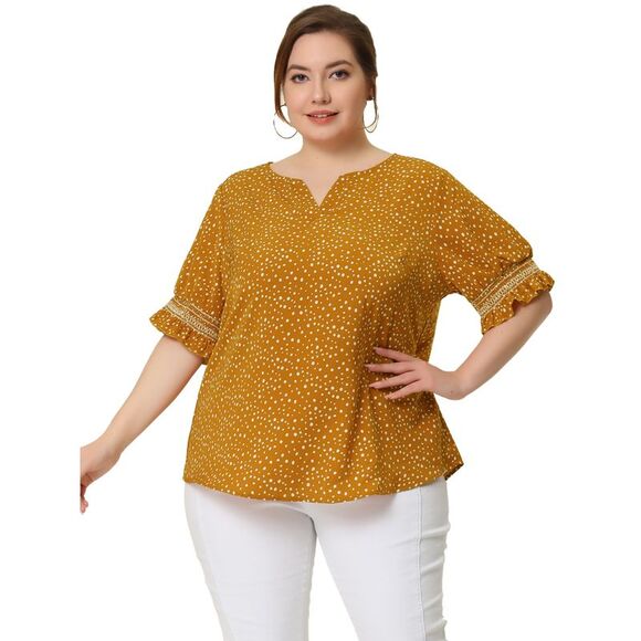 Plus Size Top for Women Pin Dots Boho Smocked Short Sleeves Blouses Yellow - Picture 1 of 5